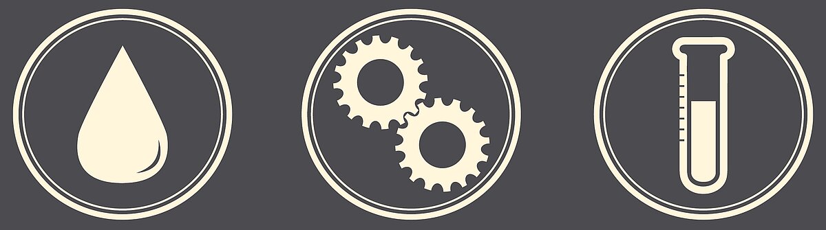 3 Icons: Tropfen, Zahnräder, Reagenzglas